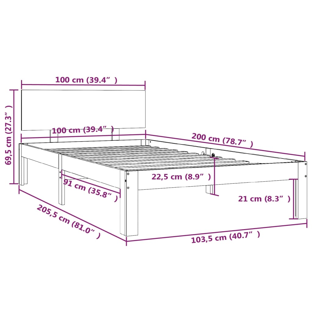 vidaXL Cadre de lit sans matelas bois massif de pin gris 100x200 cm