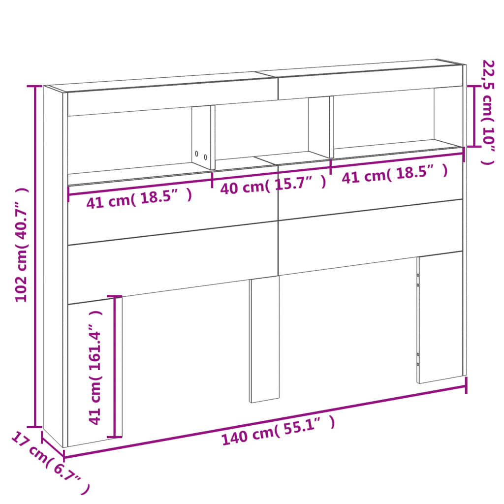 vidaXL Armoire tête de lit avec LED gris béton 140x17x102 cm