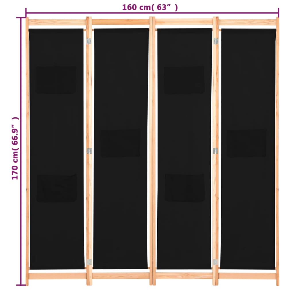 vidaXL Cloison de séparation 4 panneaux Noir 160x170x4 cm Tissu