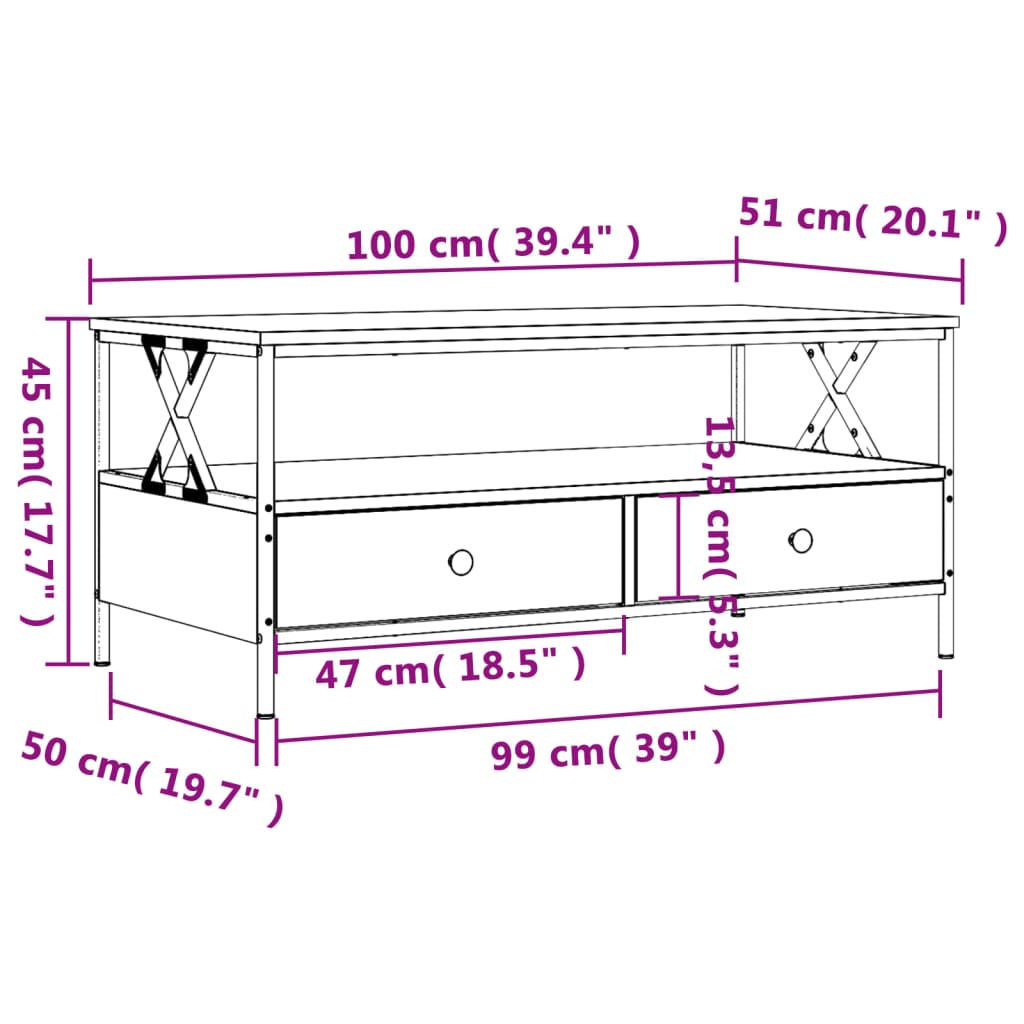 vidaXL Table basse sonoma gris 100x51x45 cm bois d'ingénierie