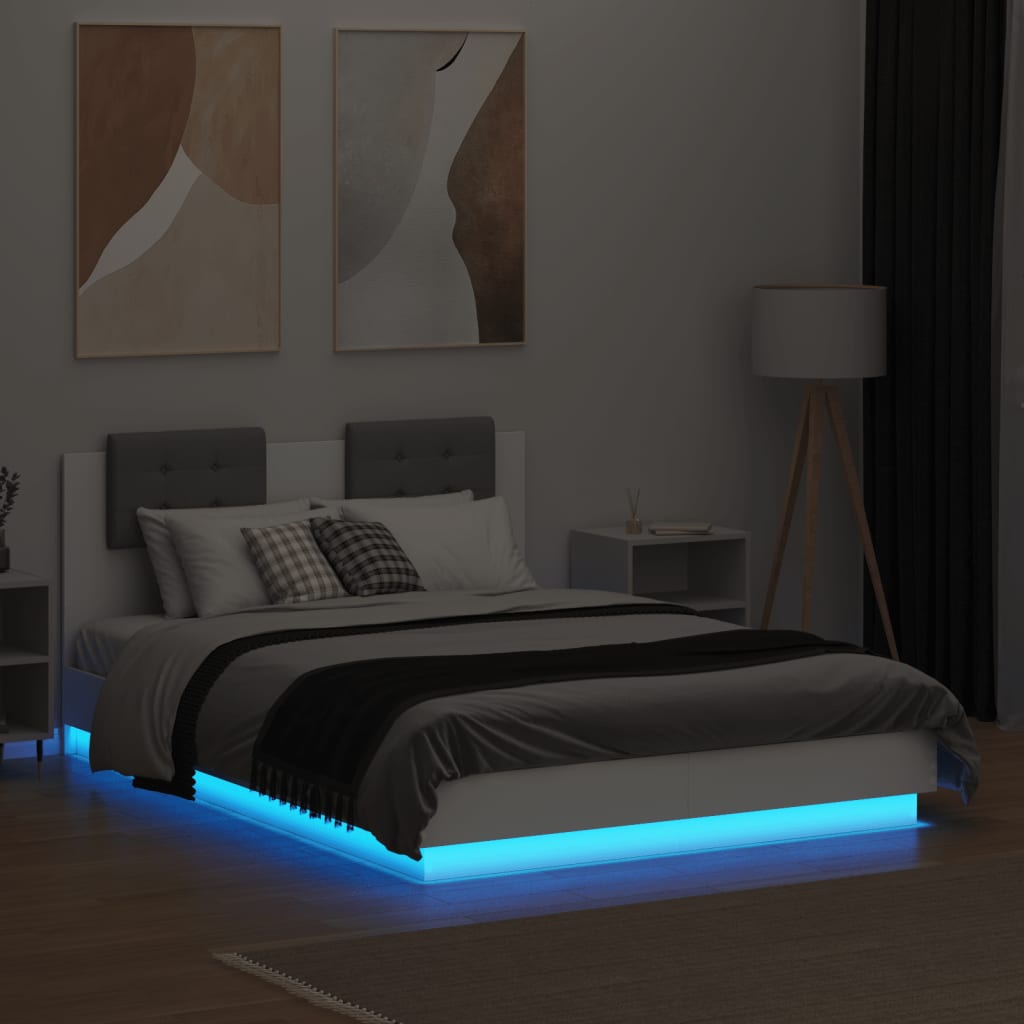 vidaXL Cadre de lit avec tête de lit et lumières LED blanc 135x190 cm