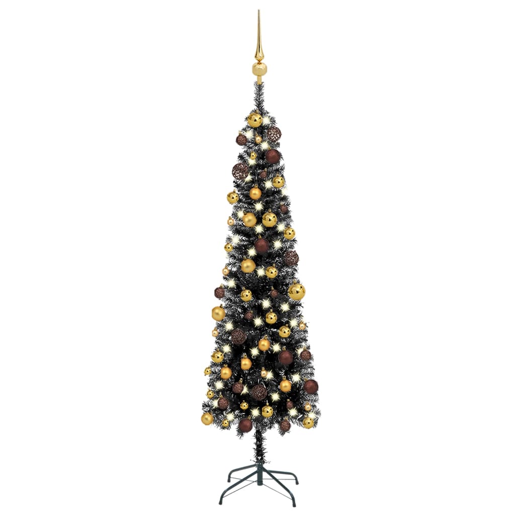 vidaXL Arbre de Noël mince pré-éclairé et boules noir 150 cm