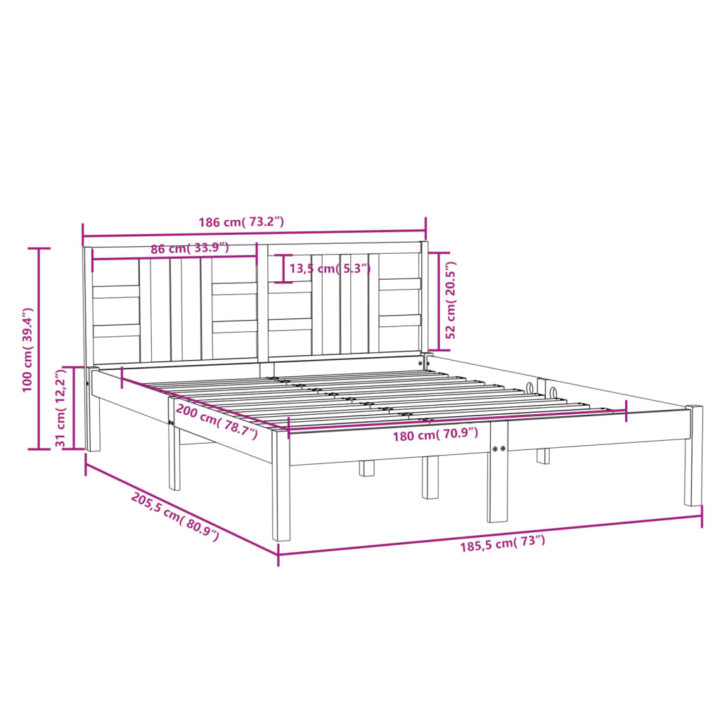 vidaXL Cadre de lit Noir Bois massif 180x200 cm Super King