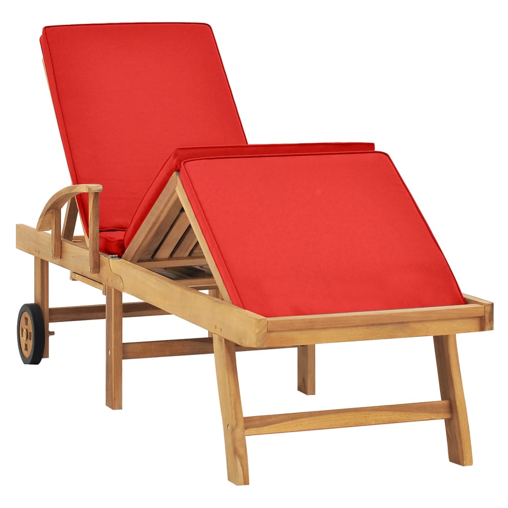 vidaXL Chaise longue avec coussin Bois de teck solide Rouge