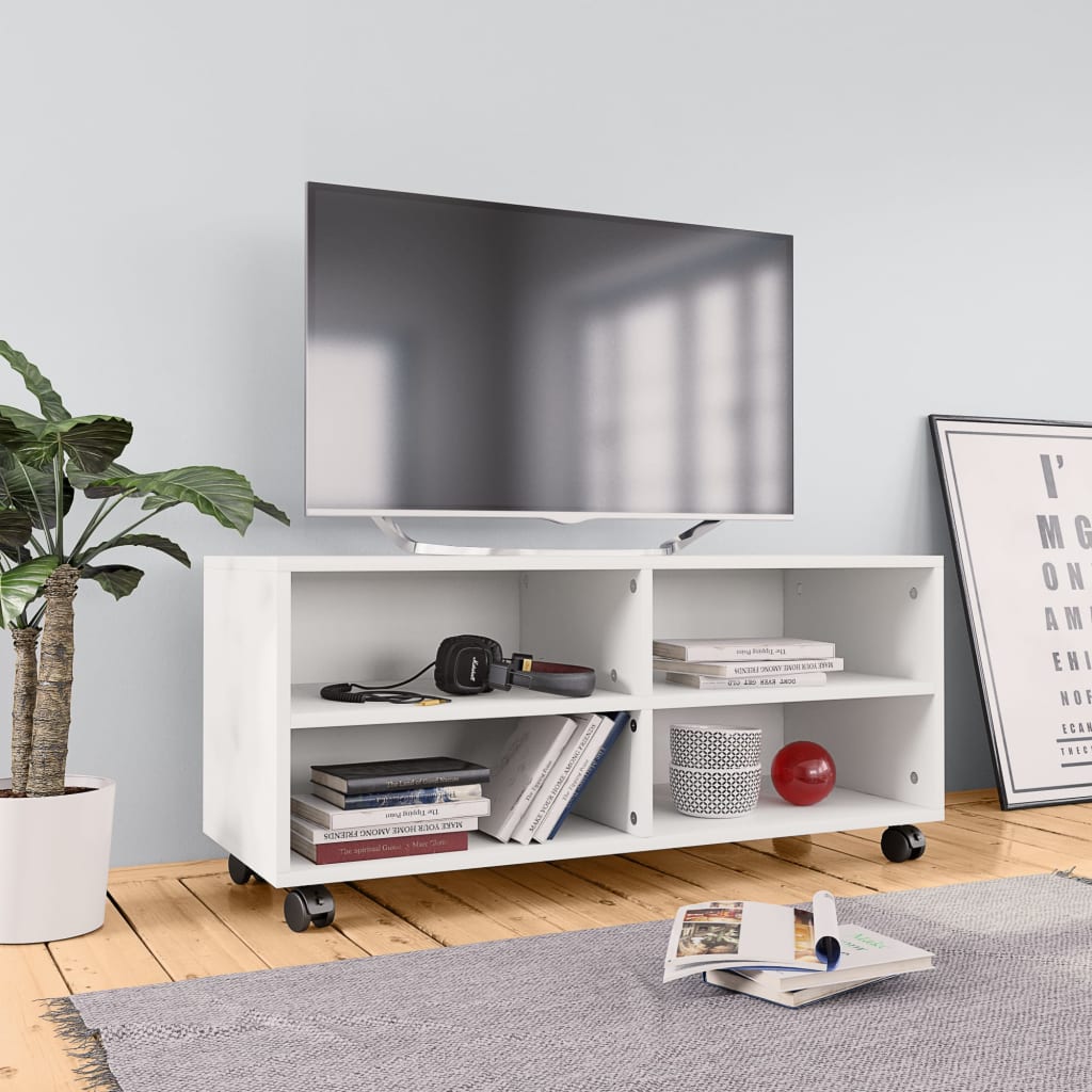 vidaXL Meuble TV avec roulettes Blanc 90x35x35 cm Bois d'ingénierie