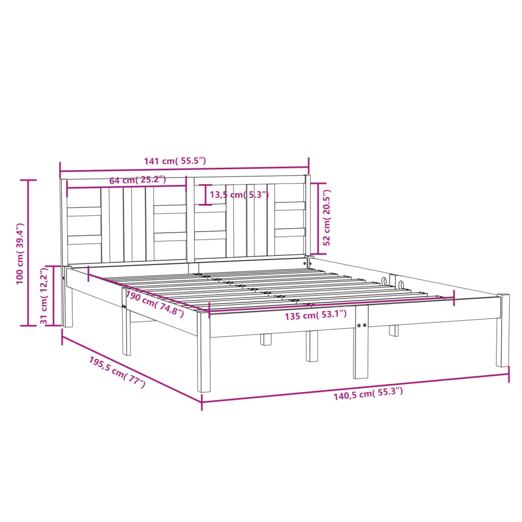 vidaXL Cadre de lit Noir Bois massif 135x190 cm Double