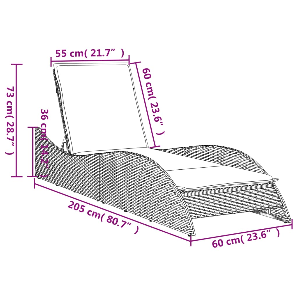 vidaXL Chaise longue avec coussin gris clair 60x205x73 cm poly rotin