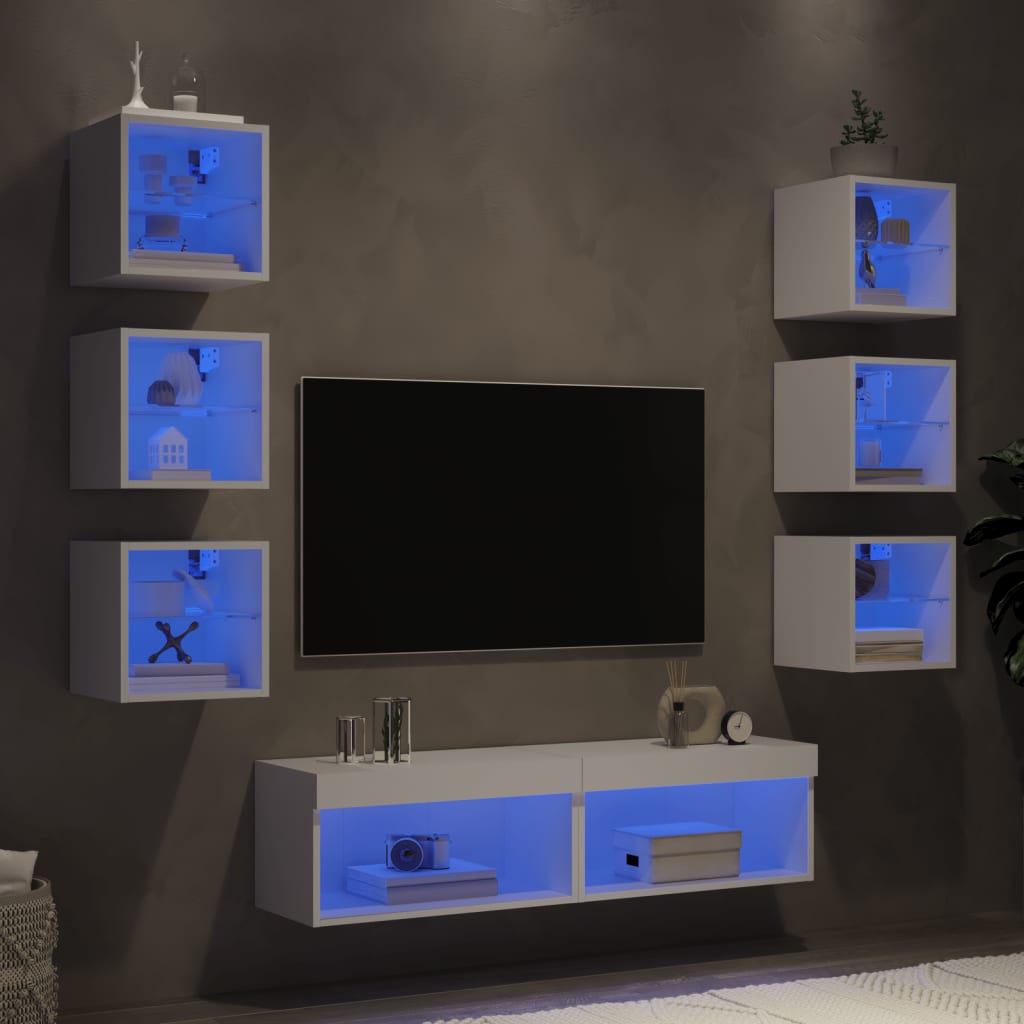 vidaXL Unités murales TV avec LED 8 pcs blanc bois d'ingénierie