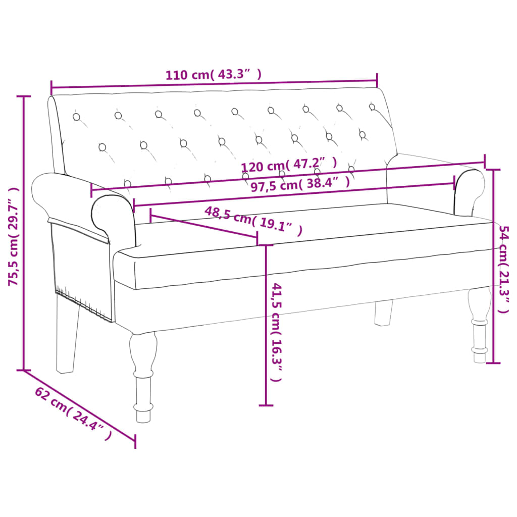 vidaXL Banc avec dossier noir 120x62x75,5 cm tissu