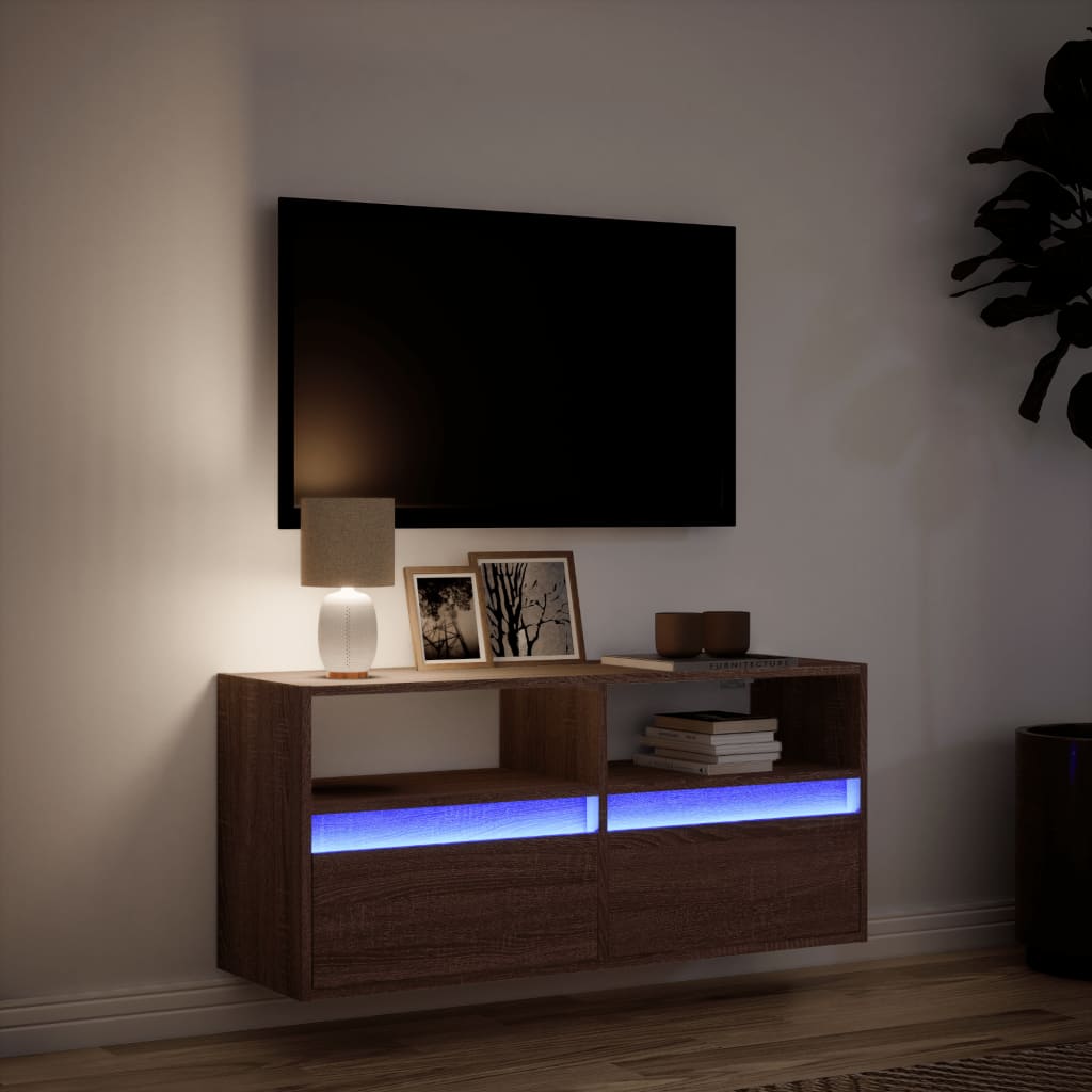 vidaXL Meuble TV mural avec lumières LED chêne marron 100x31x45 cm