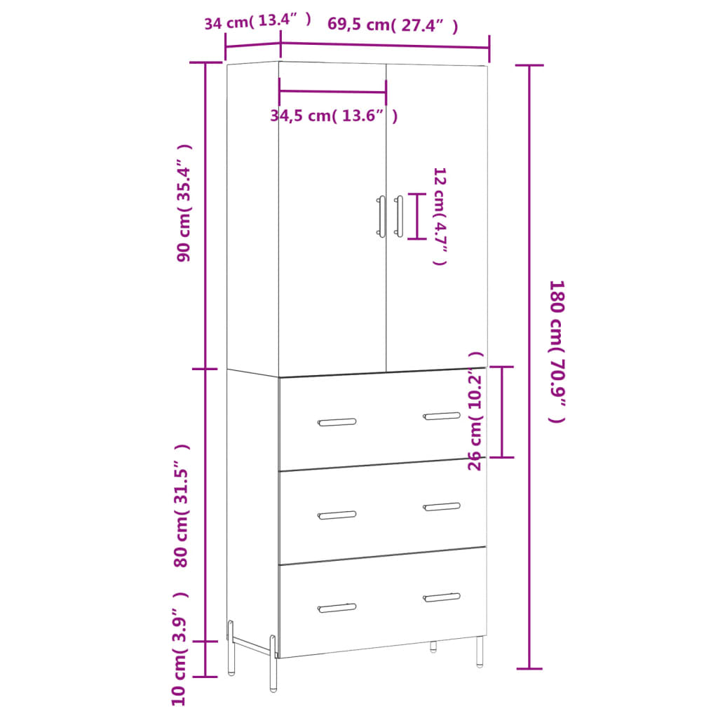 vidaXL Buffet haut Chêne marron 69,5x34x180 cm Bois d'ingénierie