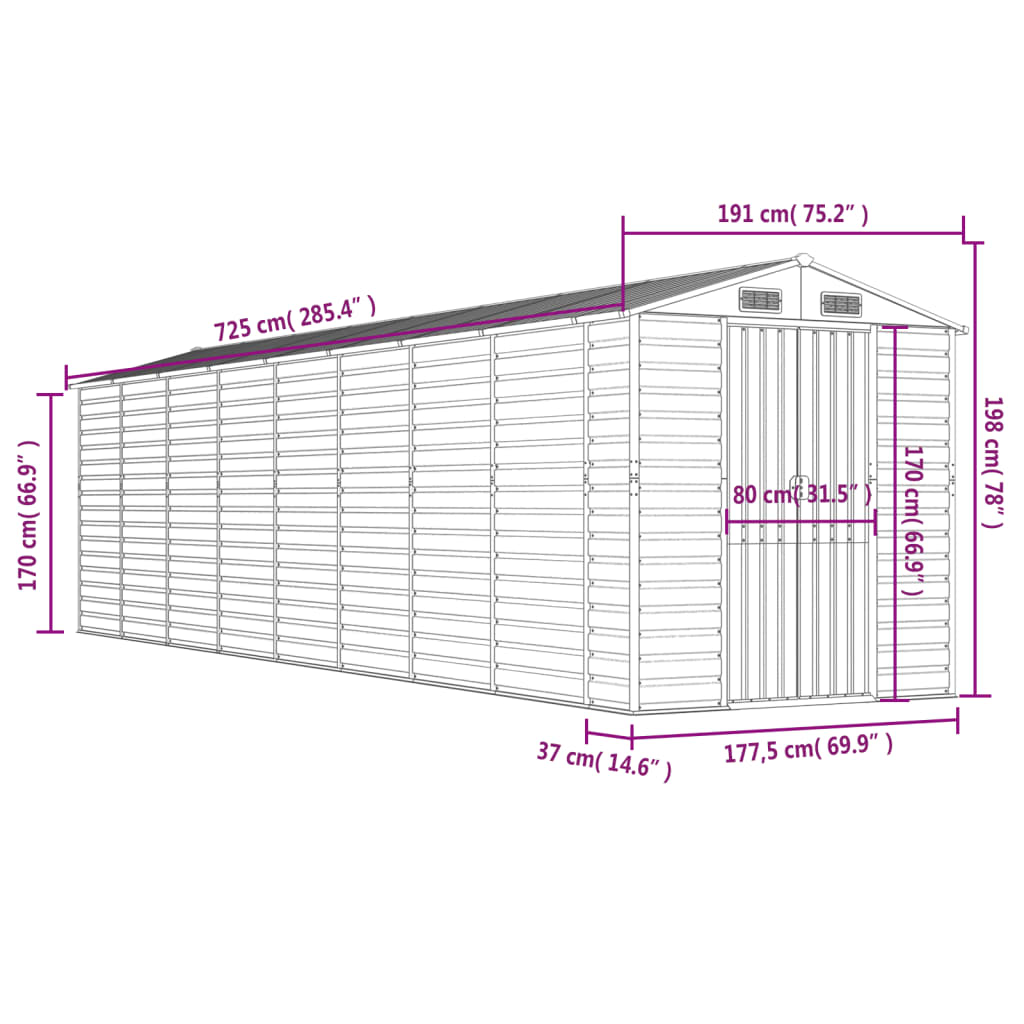 vidaXL Abri de jardin gris clair 191x725x198 cm acier galvanisé