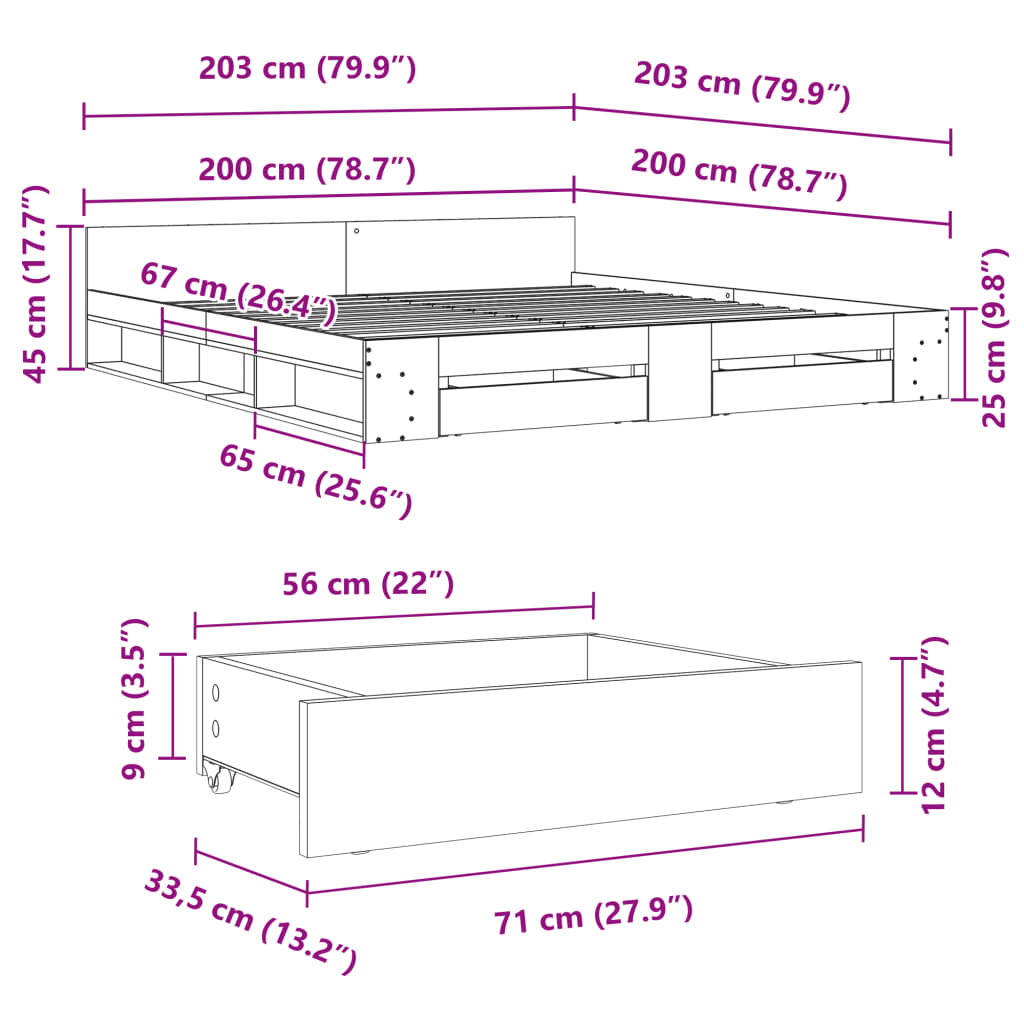 vidaXL Cadre de lit avec tiroirs chêne sonoma 200x200 cm