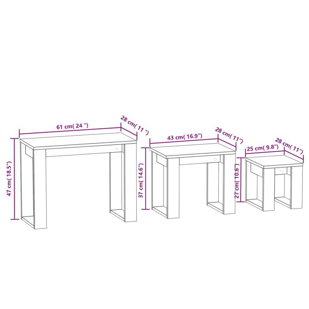 vidaXL Tables gigognes 3 pcs Gris béton Bois d'ingénierie