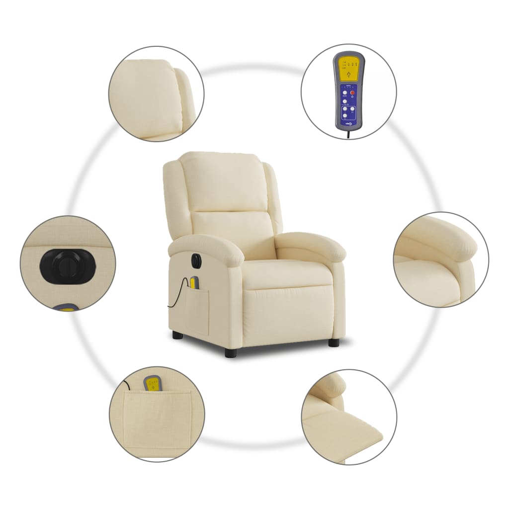 vidaXL Fauteuil inclinable de massage électrique crème tissu