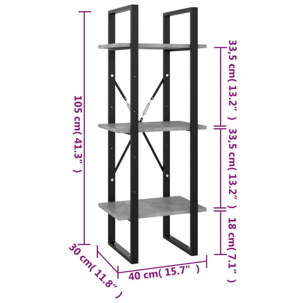 vidaXL Bibliothèque à 3 niveaux gris béton 40x30x105cm bois ingénierie